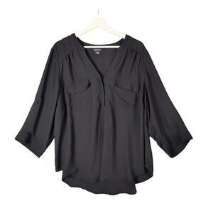 Torrid Black Blouse 3/4 Sleeve Button‎ Tab Pockets V-Neck Womens Size 2X Witchy
